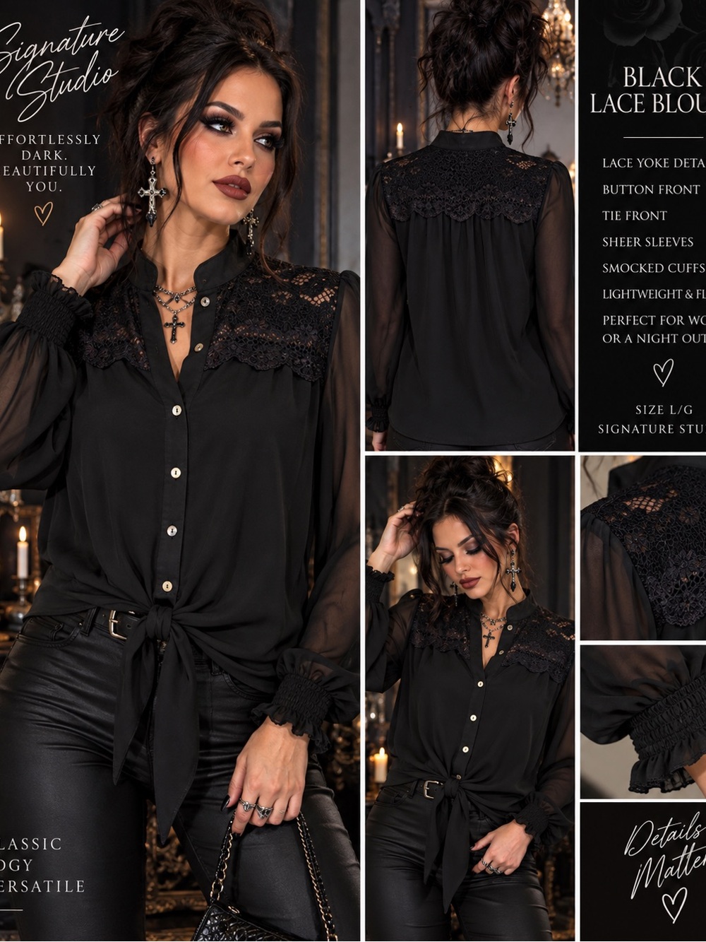 Signature Studio Black Blouse Size L Lace Yoke Sheer Sleeves Tie Front Button Up